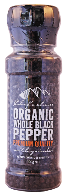 Picture of CHEF'S CHOICE ORGANIC WHOLE BLACK PEPPER 100g KOSHER, VEGAN 