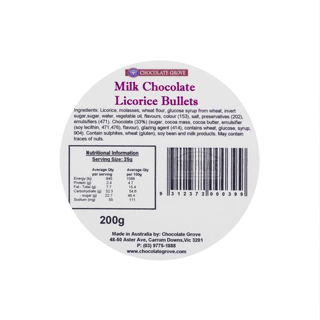 Picture of CHOCOLATE GROVE MILK CHOCOLATE  LICORICE BULLETS 200g