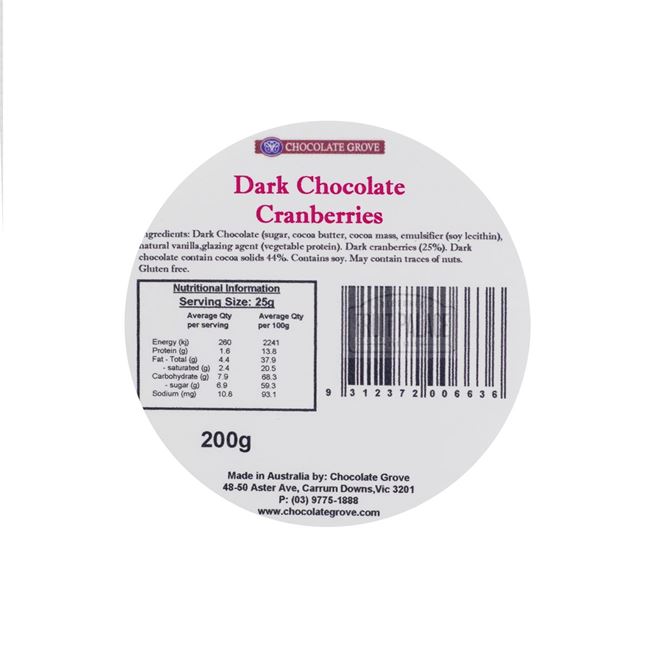 Picture of CHOCOLATE GROVE DARK CHOCOLATE CRANBERRIES  200g