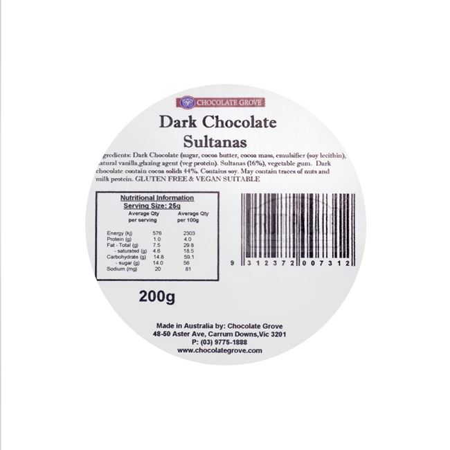 Picture of CHOCOLATE GROVE DARK CHOCOLATE SULTANAS 200g