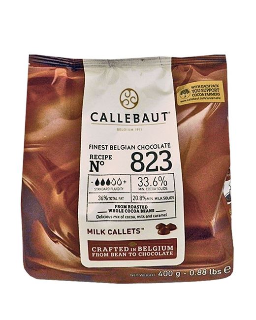 Picture of CALLEBAUT No 823  BELGIUM WHOLE BEAN ROASTED MILK CHOCOLATE CALLETS 400g