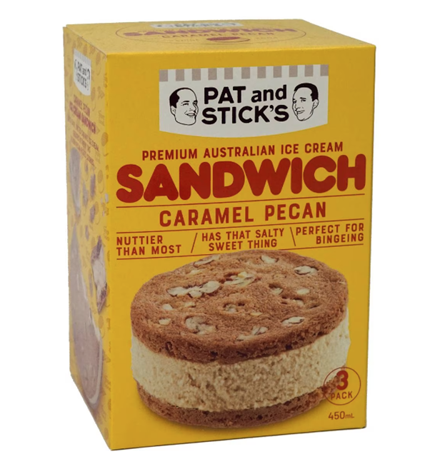 Picture of PAT AND STICKS CARAMEL PECAN ICECREAM SANDWICH  3 PACK