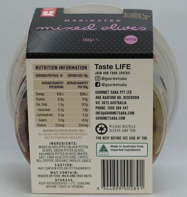 Picture of GENOBILE SABA MIXED PITTED OLIVES TUB 220g